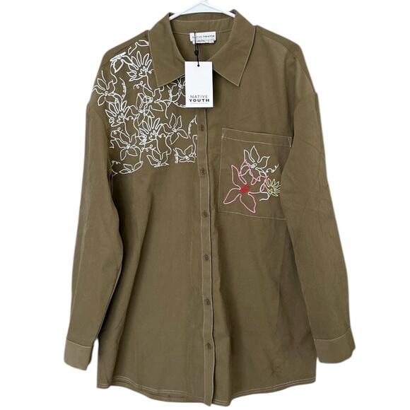 Native Youth Embroidered Floral Button-Down Shirt Women's Large Khaki Green NEW - Picture 1 of 6